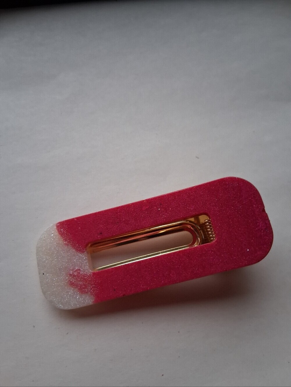 5/$25 Hand Crafted Glitter Resin Hair Clip in Pink and White with Gold Clasp